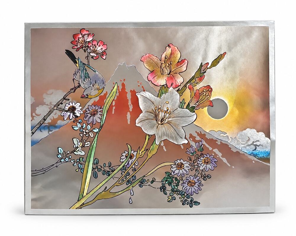 Vintage Dufex Foil Art Print Bird Flowers Mountain Japanese Metallic Silver 80s